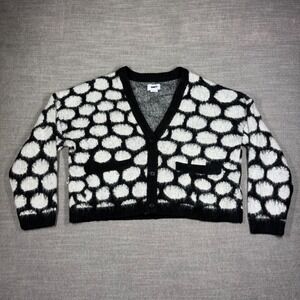 OBEY Fuzzy Polka Dot Cropped Cardigan Sweater Women's Small Black White